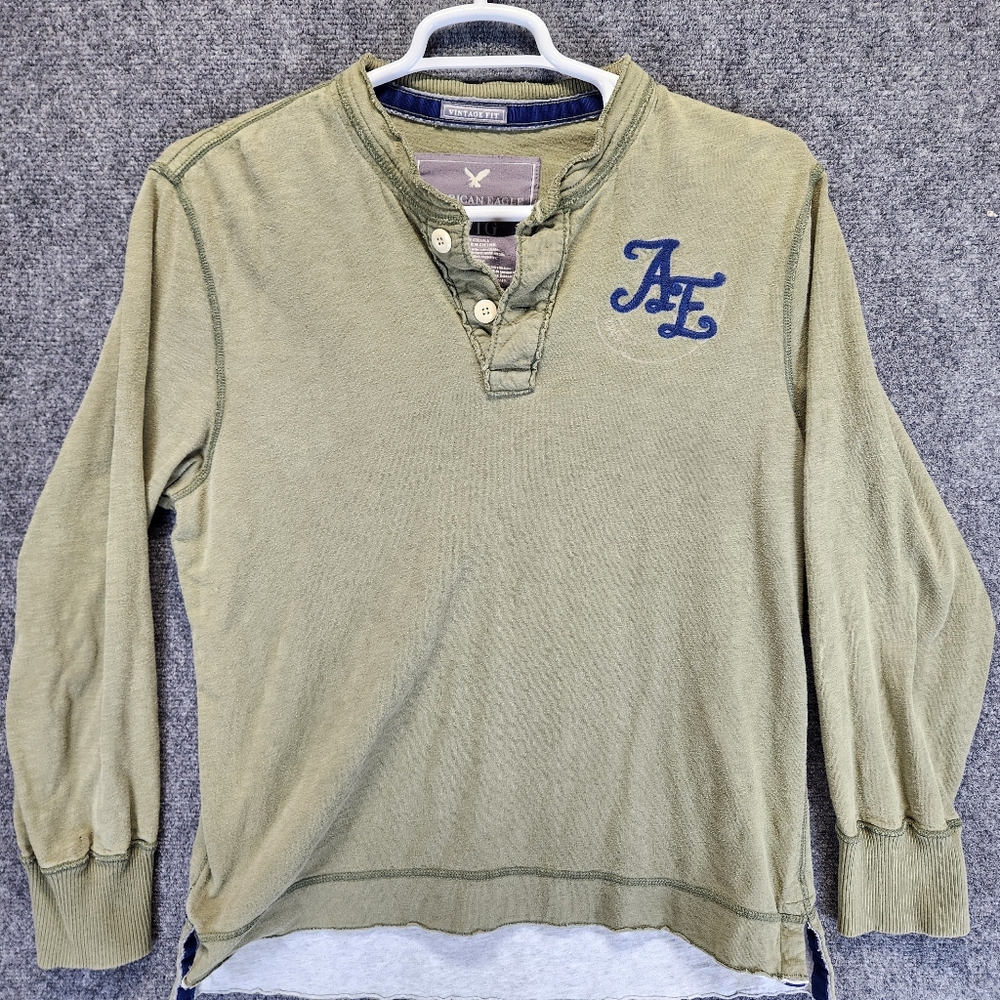 American Eagle Shirt Mens XL Green Vintage Fit Henley AE Embroidery Logo Casual